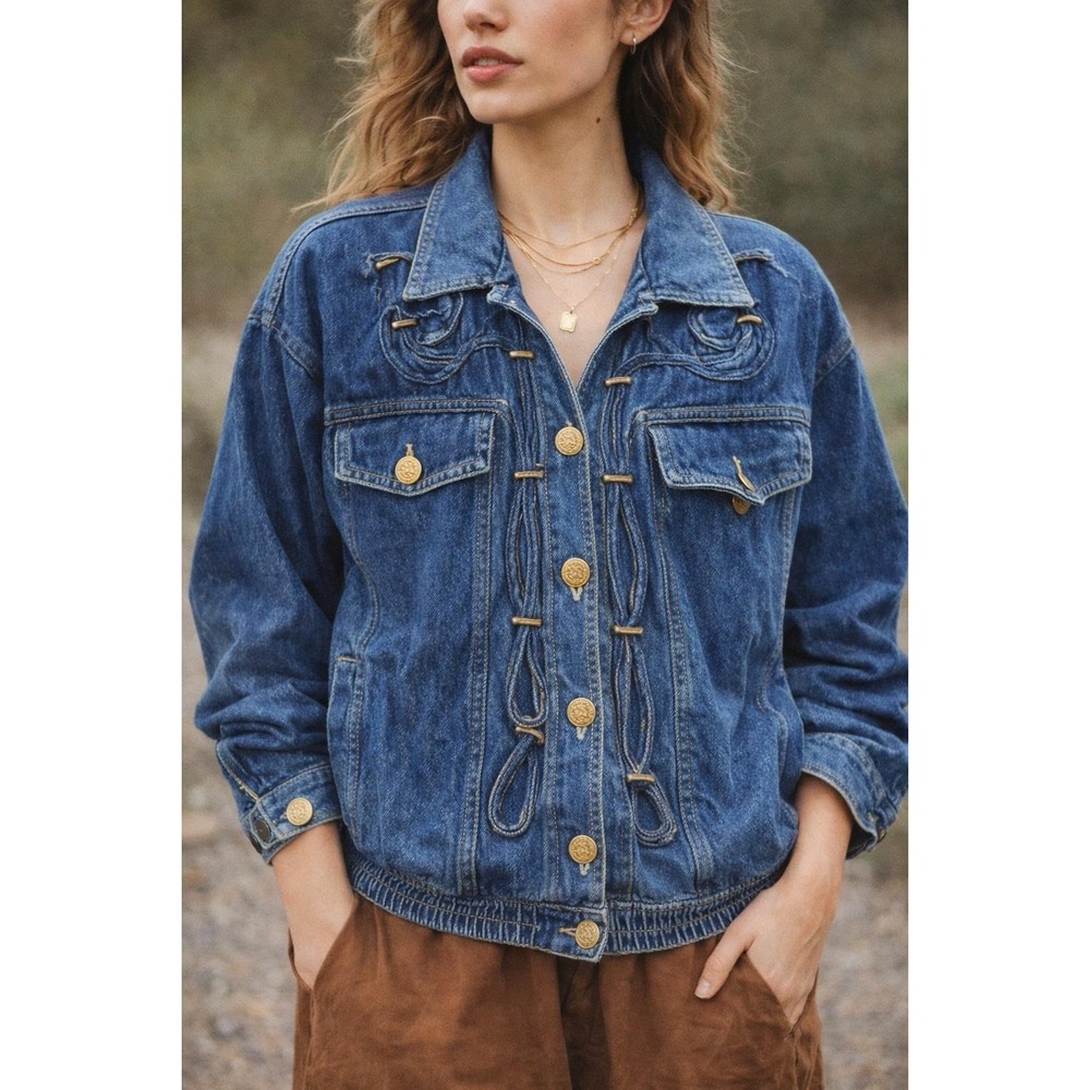 Vintage 80s Denim Jacket Rope Trim Gold Buttons Oversized Western